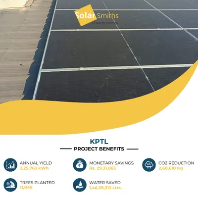 This massive installation for KTPL demonstrates my capability in handling large-scale industrial projects. The system yields over 3.2 million kWh annually, saving the company over ₹29 lakhs and reducing CO2 emissions by 2,60,610 kg.