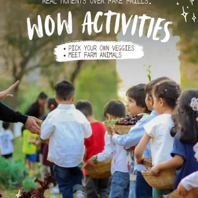 This image perfectly captures our motto: "Real moments over fake frills." A group of children, baskets in hand, are ready to explore the fields and pick their own fresh vegetables.