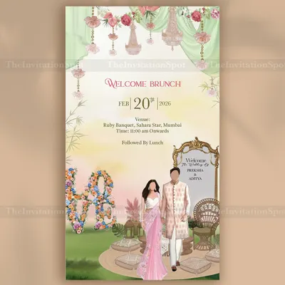A chic start to the celebrations. This welcome brunch invite features a custom illustration of the couple in stylish pastel outfits, set against a trendy backdrop with pampas grass and a floral "LOVE" sign.