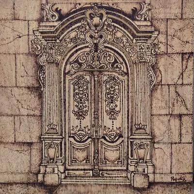 I call this series "Doorways to Dreams." This piece was created using pyrography, or wood burning, to etch the intricate details of an ornate doorway into wood. It's a 12x12 inch piece, available for purchase.