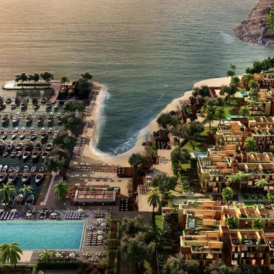 An aerial 3D visualization of a sprawling coastal villa community and marina. This bird's-eye view captures the full scope of the development, including the layout of the residences, the poolside amenities, and the arrangement of boats in the harbor, providing a comprehensive overview for potential investors.