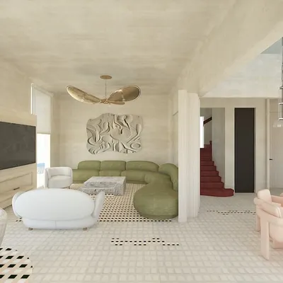 A 3D render from our design board for a holiday home, 'Steen House'. The design intent is to explore the use of natural stones in all conceivable ways, creating a space that is both luxurious and grounded in materiality.