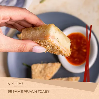A perfect bite of my Sesame Prawn Toast. The crispy, sesame-crusted shokupan bread and savory prawn filling make this a classic party favorite.