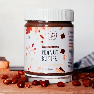 A clean and professional product shot of Yellow Bee's Peanut Butter. The focus is entirely on the jar and its label, with peanuts scattered around to hint at the ingredients. This is ideal for e-commerce listings or catalogs.