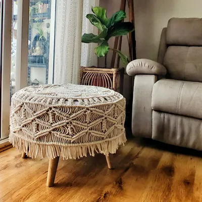 I'm so proud to launch this macrame stool. It took a lot of time to design and create the intricate pattern for the cover, but the result is a stunning piece of functional art that adds so much beauty to my living room.
