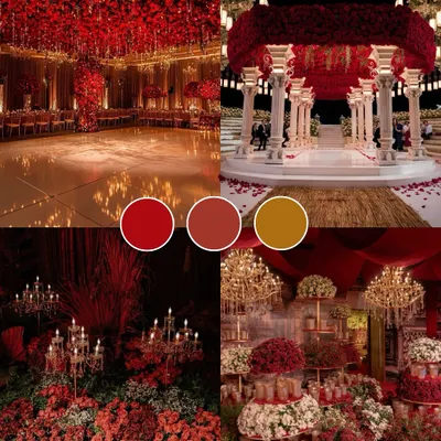 A mood board for a wedding theme of passion and royalty. The deep reds and rich golds create an atmosphere of opulence, perfect for a grand reception or a royal Rajasthani wedding.