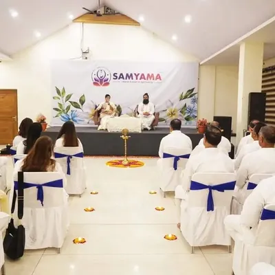 A Satsang session during our Himachal Pradesh retreat. Participants are seated in a calm, receptive state as we share spiritual wisdom and guide them through a meditation journey.