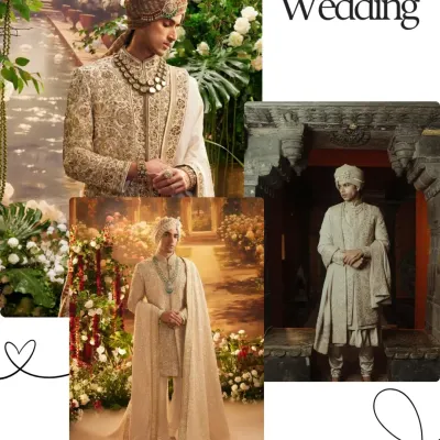 A showcase of regal wedding day attire for the modern groom. This collage features a range of sherwanis, from intricately embroidered pieces paired with a safa to elegant, layered ensembles with a classic stole.