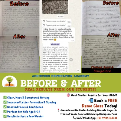 Here is another look at the real results our students achieve. This graphic shows before and after samples from both our online Bangalore batch and in-person classes in Pune, proving that clear, structured writing is an achievable goal for every child.