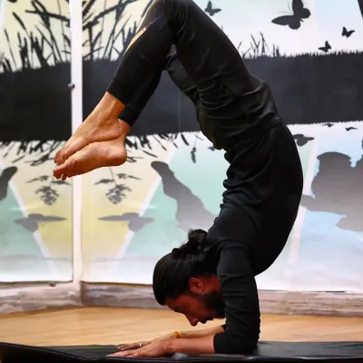 The scorpion handstand, or Vrschikasana, is an advanced inversion that requires immense strength, balance, and flexibility. Our expert instructors can guide dedicated students on the long but rewarding journey to mastering poses like this.