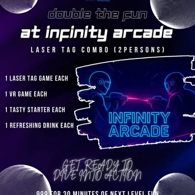 Double the fun with our 2-person combo. For just 999, you each get a laser tag game, a VR game, a starter, and a drink.