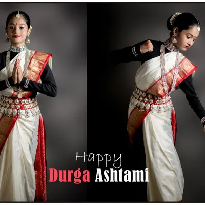 A diptych showcasing a young Odissi dancer during a Durga Ashtami performance. We capture both a respectful 'namaste' pose and a dynamic dance posture to convey the story of the performance.