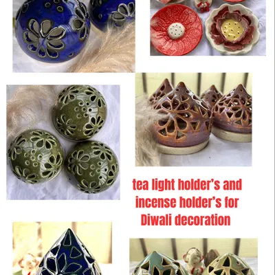 A collage of my festive collection, featuring tea light holders and incense burners in beautiful colors. These make wonderful gifts for Diwali.