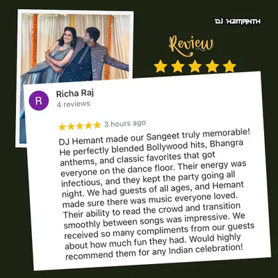 This review from Richa perfectly captures what I aim for at every sangeeth. It's about blending Bollywood hits, Bhangra anthems, and classic favorites to get guests of all ages on the dance floor and keep the party going all night.