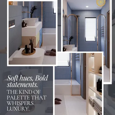This bathroom collage showcases a design that uses soft blue tiles and warm metallic accents to create a palette that whispers luxury. The images highlight the clean lines of the vanity, the elegant arch of the shower partition, and the smart, built-in shelving, all contributing to a bold yet serene statement.