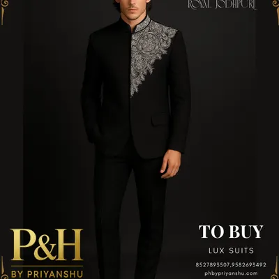 A modern interpretation of Indian royalty, this image displays a royal black Jodhpuri suit. The focus is on the exquisite, asymmetrical silver hand-embroidery that cascades over the shoulder and chest.