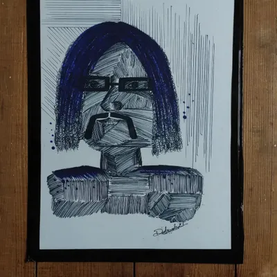 Meet "Jhon uncle." This is an abstract portrait I created using only a blue pen and straight lines to build the form and texture.