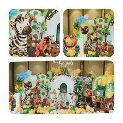 Let the wild rumpus begin! This collage shows the vibrant and fun 'Wild One' safari theme, complete with cute animal cutouts, jungle-themed balloons, and a light-up number '1'.