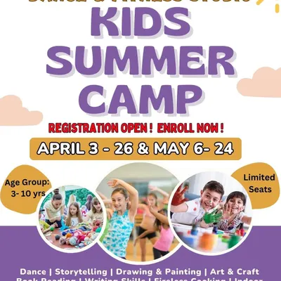 All the details for our upcoming Kids Summer Camp. This flyer outlines the registration dates for April and May, the 3-10 year age group, and the wide range of activities included, from dance and storytelling to kids fitness and yoga.