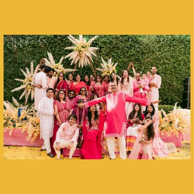 The whole tribe together. This photo from my own haldi is a perfect example of how we capture the fun and chaos of celebrating with all your loved ones.