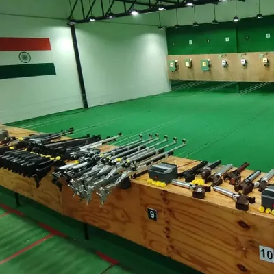 A full view of our armory for the day, featuring a wide selection of air rifles and air pistols ready for our shooters.