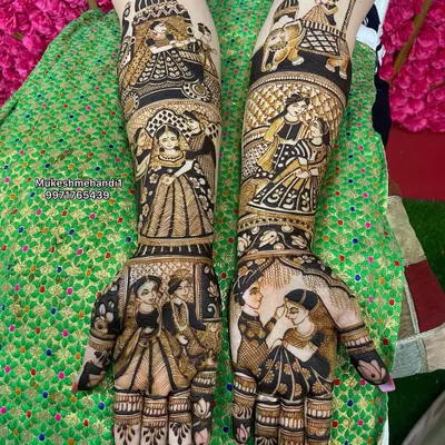 A complete bridal mehandi telling a story with multiple figures and scenes. My course will teach you how to plan and execute such grand designs.