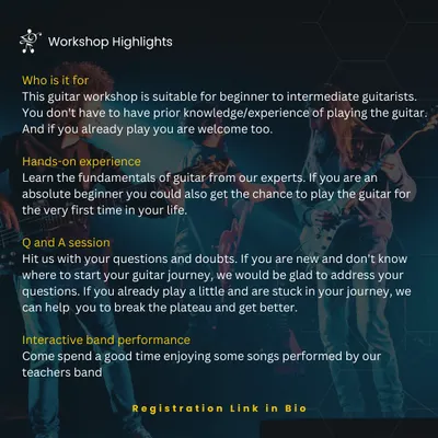 A summary of what makes our workshops special. We welcome absolute beginners and intermediate players, provide hands-on learning, answer all your questions, and conclude with a live band performance.