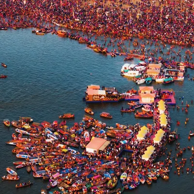 An epic aerial view of the Mahakumbh Mela in Prayagraj. The sheer scale of humanity gathered at the Triveni Sangam is a powerful testament to faith.