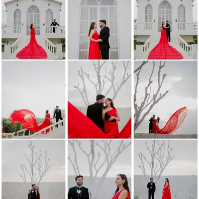 A stunning collage from Ankit and Purva's shoot at a unique location with white hills. The bride's vibrant red flowing gown creates a spectacular contrast against the white landscape, making for truly dramatic pre-wedding photos.