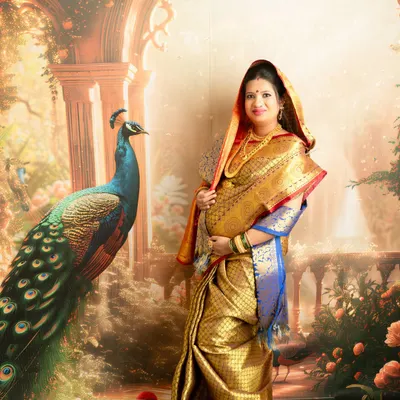 A majestic portrait in a traditional gold saree. The backdrop, featuring a peacock and palace architecture, adds to the royal and cultural feel of the shoot.