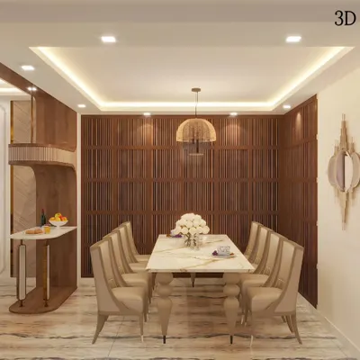 The initial 3D vision for the Harmony Home dining space, featuring a marble-top table, elegant chairs, and a rich, wood-paneled accent wall.