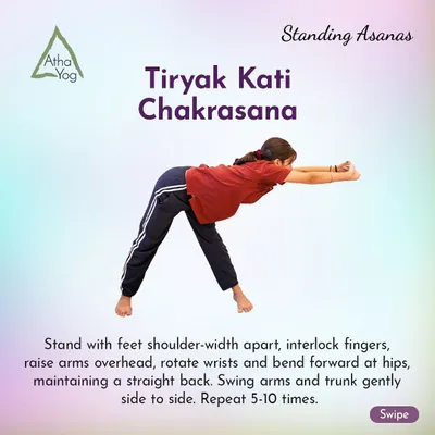 This is a look at Tiryak Kati Chakrasana, a standing spinal twist. We provide simple, clear instructions on how to perform the pose correctly, from foot placement to the final movement. Our goal is to make asanas accessible and show you their benefits, like improved spinal flexibility and digestion.