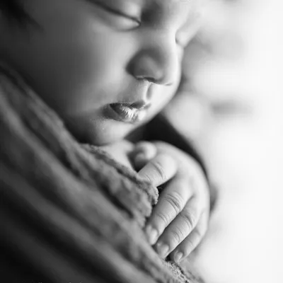 A macro shot in black and white, focusing on the delicate fingers and lips of a newborn. This style magnifies the tiniest wonders and turns them into art.