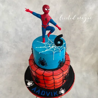 It's your friendly neighborhood Spider-Man! This two-tiered cake features a hand-sculpted Spidey ready for action. The design combines the classic red and blue with spiderweb details for a cake that any Marvel fan would love.