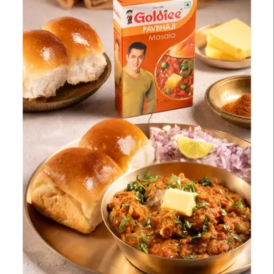 A classic food shot designed to make you hungry. For Goldiee Masale's Pav Bhaji mix, I styled a rich, buttery, and authentic Mumbai street food scene that looks absolutely delicious and ready to eat.