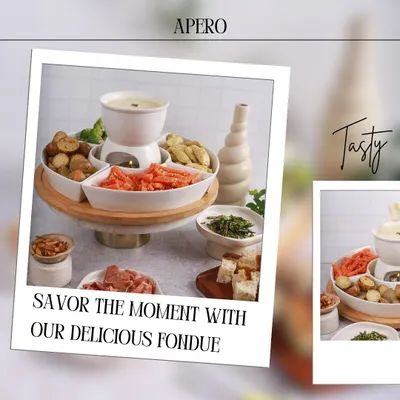 Our cheese fondue set is perfect for a cozy get-together. It comes with a pot of melted cheese and an assortment of dippables like baby potatoes, bread, and vegetables.