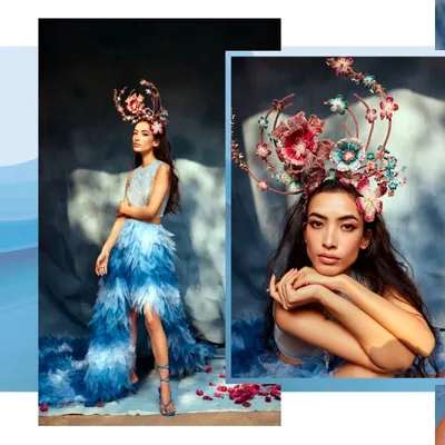 A breathtaking shot from the 'UTOPIA' campaign for accessory designer Deepa Gurnani. We paired a feathered, ombre skirt with a stunning, intricate headpiece to create a fantastical, otherworldly look.