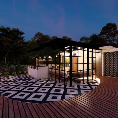 A 3D concept for a stunning modern terrace featuring a glass-enclosed lounge, a wooden deck, and bold black-and-white flooring.