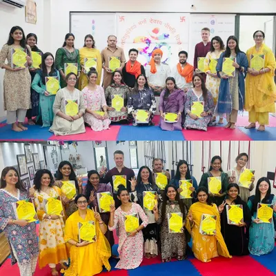 A collage of our happy graduates. From a formal group photo to a fun, celebratory shot, these moments capture the joy of completing the YTTC.