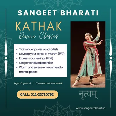 A student captured in a classic Kathak pose. Our classes focus on achieving technical precision in posture and movement, providing personalized attention to each learner.