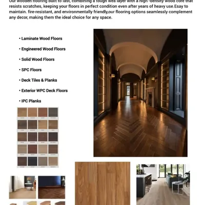 This shows the range of my wooden flooring solutions. From tough laminate and SPC floors to elegant solid wood, I have options that are scratch-resistant, fire-resistant, and easy to maintain for any home or office decor.