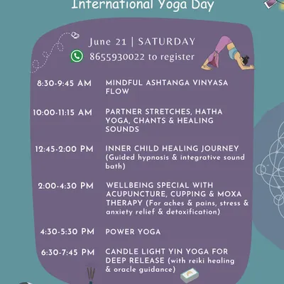 Our schedule for International Yoga Day. We curate a full day of diverse offerings, from Mindful Ashtanga to Candlelight Yin Yoga and healing therapies.
