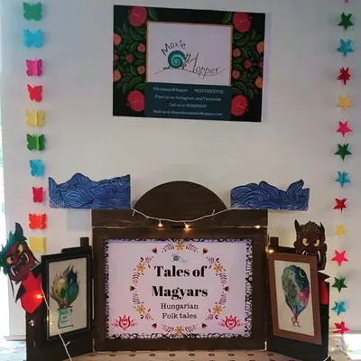 Our setup for 'Tales of Magyars', a session on Hungarian Folk Tales. The Kamishibai stage is decorated with themed puppets and art, instantly setting the scene for a journey to a faraway land.