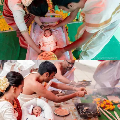 A collage showcasing the key moments of a traditional South Indian naming ceremony. We document everything from the baby in the cradle and the sacred fire (homa) to the loving interactions with family, creating a complete story of the day.