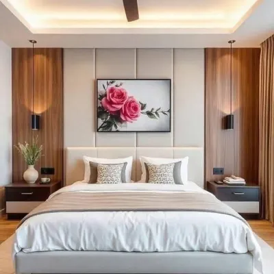 A beautifully balanced master bedroom featuring a padded headboard flanked by wood-paneled walls and elegant pendant lights. The design is simple, sophisticated, and creates a calming atmosphere.