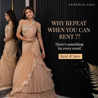 The question I always ask is, 'Why repeat when you can rent?'. This image of a modern ruffled saree perfectly illustrates the stylish, non-repetitive options available in my collection.