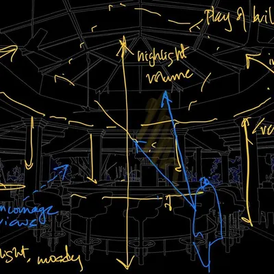 The first step is always the idea. This initial concept sketch for the BGC bar shows my thought process, mapping out how to use verticality, indirect light, and focused pools of light to shape the experience.