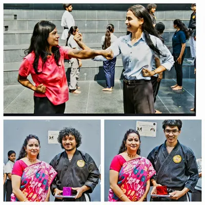 Moments from a women's self-defense class. The top image shows participants practicing a blocking and striking drill, while the bottom photos celebrate students' achievements at a felicitation ceremony.