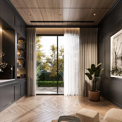 This study and hobby room concept is envisioned as a refined retreat. Dramatic black walls are balanced by warm wooden floors and a ceiling, while a large sliding door frames the garden, bringing in natural light.