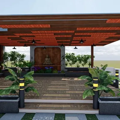 This is a 3D design sketch for a rooftop terrace. It helps clients visualize the final layout, including the seating area, planters, and a serene Buddha statue.
